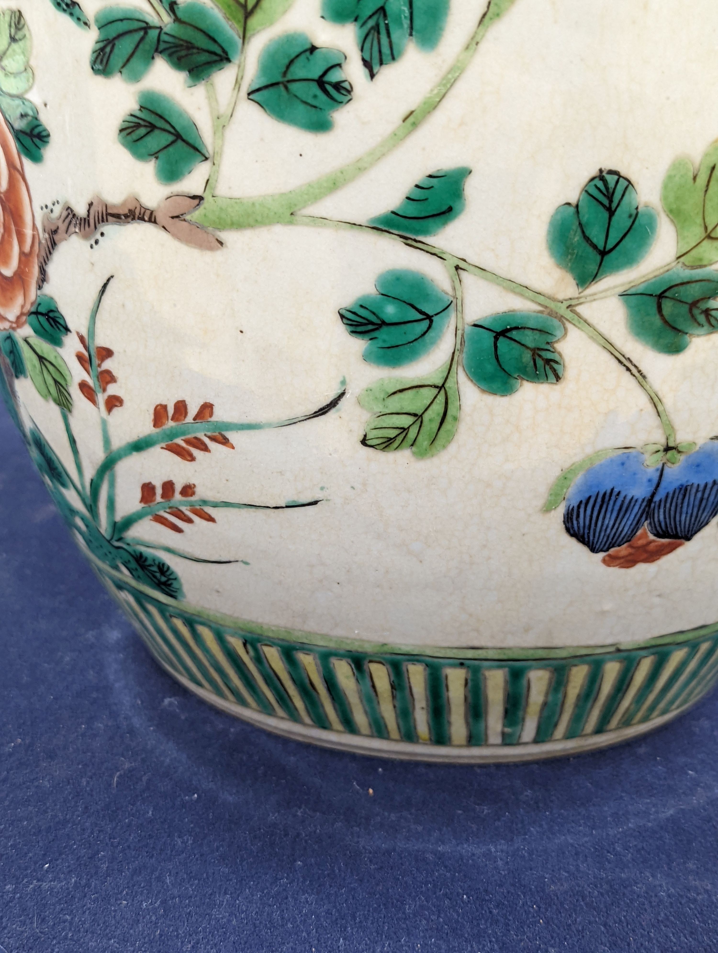 An early 20th century Chinese famille verte crackle glaze jar, 30cm